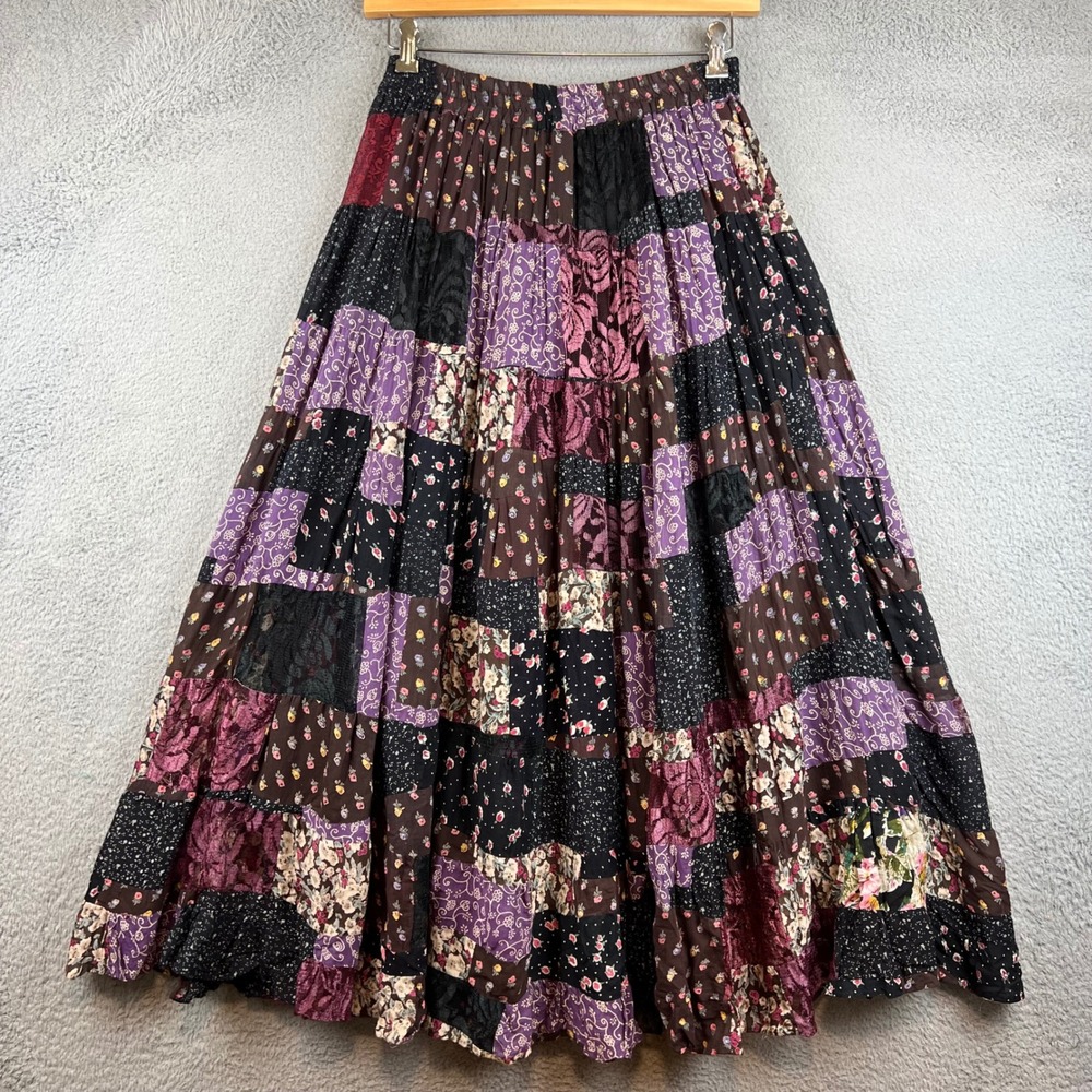 Tangibles VTG Patchwork Floral Lace Maxi Skirt Purple Black Boho Cottagecore M